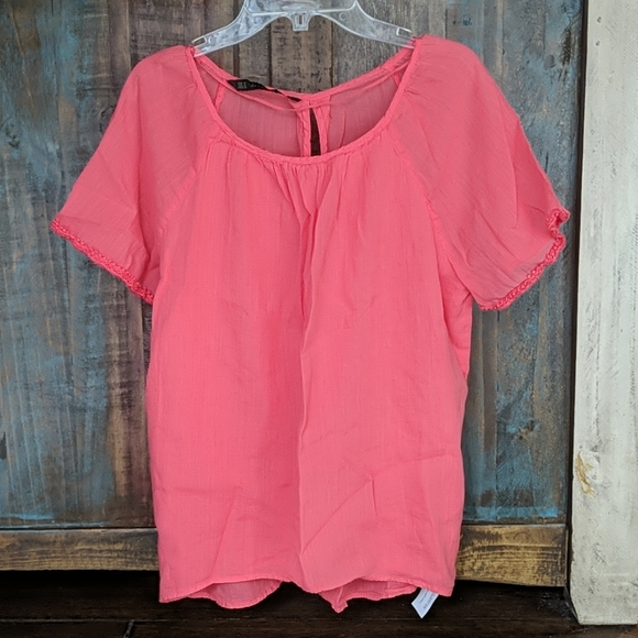 Zara Basic Coral Crochet Trim Peasant Blouse - M